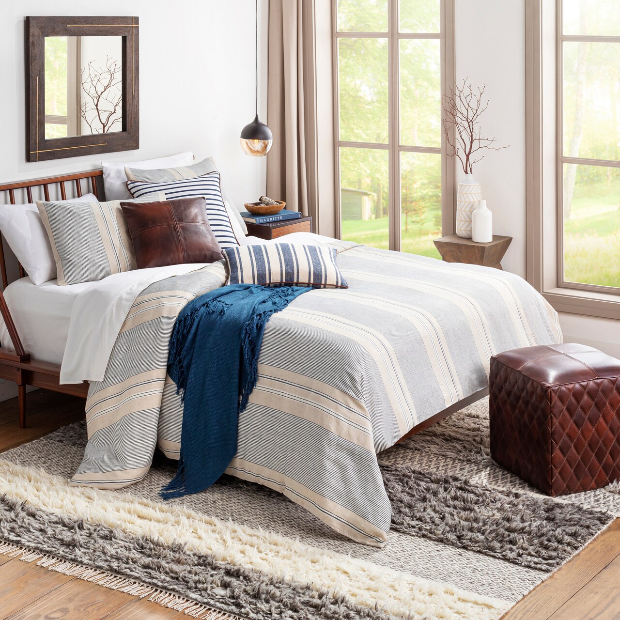 Tiwari Home 92" Blue and Beige Rustic Striped Bedding Set - Full or Queen Size